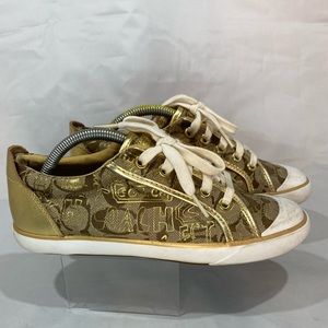 Coach sneakers 6.5 B, Brown/Gold canvas, used.